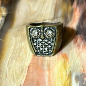 Gold Tone Brass Owl Ring with Clear Rhinestones